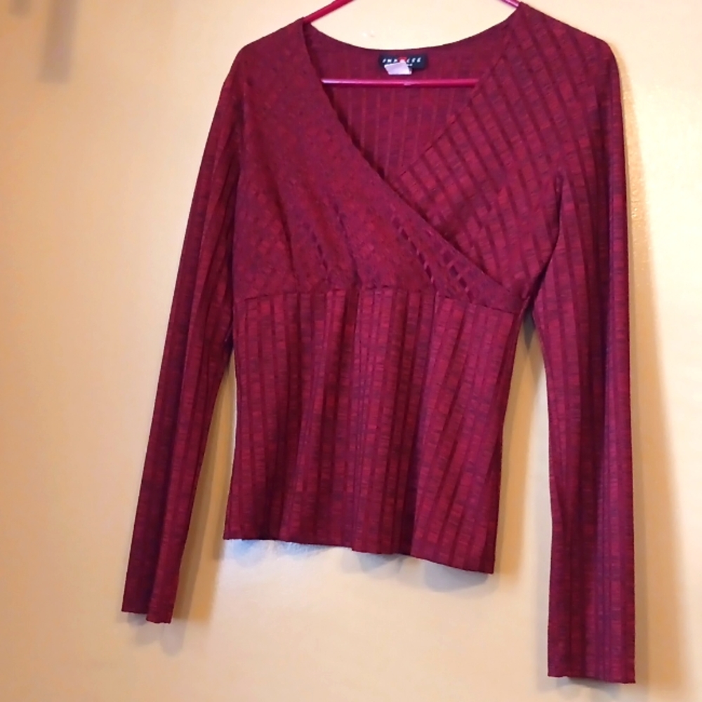 Impulse Collection| Crossed front V-neck Blause RED long sleeves top holidays